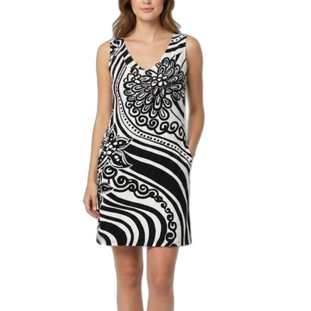 Tabi Celia Black White Abstract Floral V-Neck Sleeveless T-Shirt Mini Dress Sz M